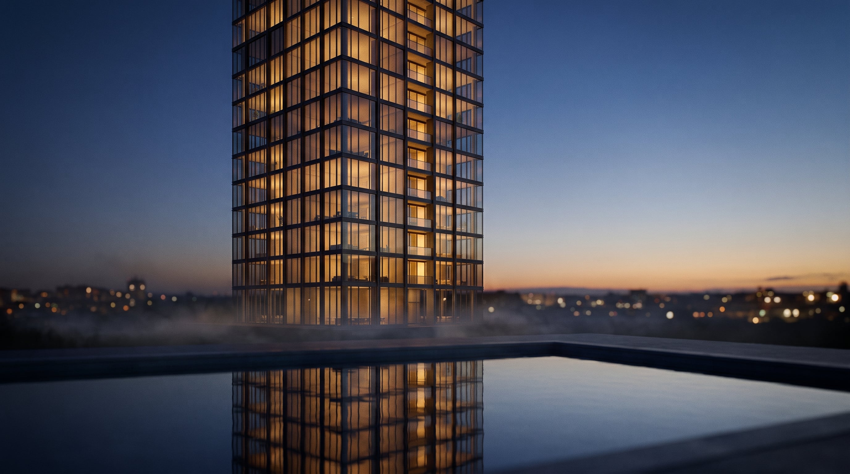 Luxury residential tower rendered at blue hour, glowing above a reflecting pool